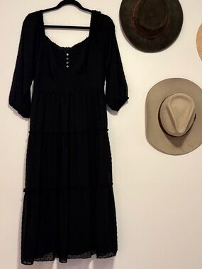 J. Crew Black Long-Sleeve Midi Swiss Dot Dress with Button Front